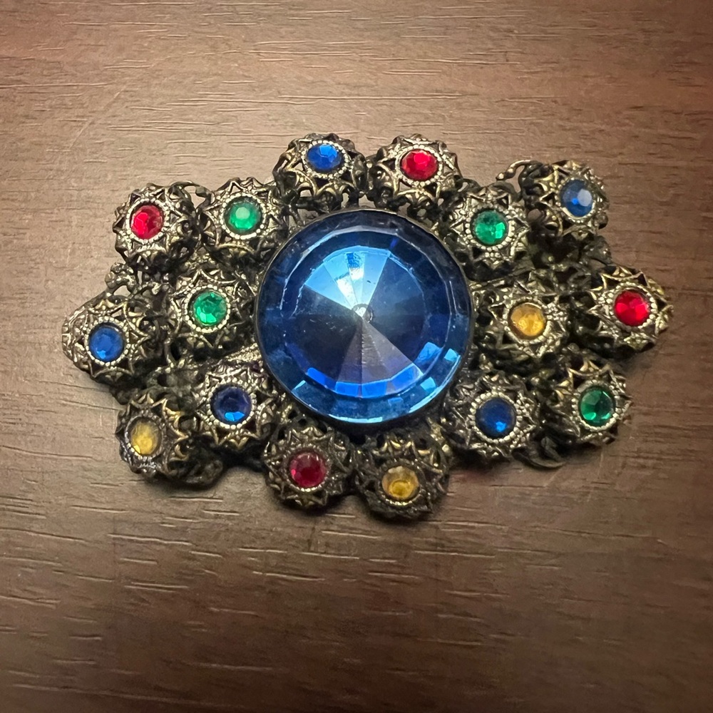 Czech Multicolor Rhinestone Gold-Tone Filigree Brooch